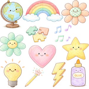 May include: A collection of colorful, hand-drawn illustrations featuring a globe, rainbow, flowers, puzzle pieces, musical notes, a star, a lightbulb, a heart, a lightning bolt, a pencil with a star, and a glue bottle. Each item has a smiling face.