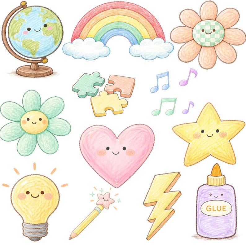 May include: A collection of colorful, hand-drawn illustrations featuring a globe, rainbow, flowers, puzzle pieces, musical notes, a star, a lightbulb, a heart, a lightning bolt, a pencil with a star, and a glue bottle. Each item has a smiling face.