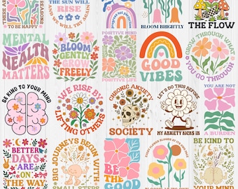 Salute mentale alla moda in formato SVG PNG, pacchetto di magliette in formato SVG per la salute mentale in stile Boho, frasi motivazionali floreali in stile Boho, magliette con fiori in stile Boho png, benessere personale