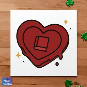 May include: A square canvas print featuring a red heart design with a book in the center. The heart has a dripping wax effect, with gold star accents and black dots. The background is a wooden surface.