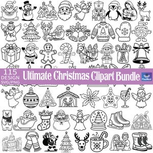 Könnte beinhalten: Schwarz-weiße Weihnachtskollektion mit Santa Claus, Engeln, Schneemännern, Weihnachtsbäumen und anderen festlichen Elementen. Der Text "Ultimate Christmas Clipart Bundle" ist in der Mitte zu sehen.