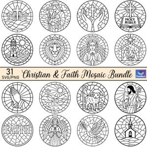 May include: A collection of 12 circular Christian and faith-themed mosaic designs in black and white. The designs include crosses, Jesus, angels, a dove, a church, and the word "FAITH". The text "Christian & Faith Mosaic Bundle" is also present.