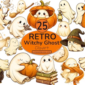 Könnte beinhalten: Eine Sammlung skurriler Geister-Cliparts im Retro-Stil. Die Geister sind mit freundlichen Ausdrücken dargestellt und von Halloween-Elementen wie Kürbissen, Hexenhüten und Zaubertränken umgeben. Der Text lautet "Retro Witchy Ghost Clipart".
