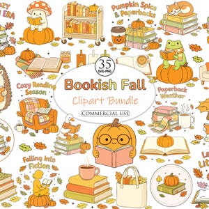 Könnte beinhalten: Eine digitale Sammlung von 35 herbstlichen Illustrationen mit Büchern, Kürbissen, gemütlichen Leseecken und Tieren wie einem Igel, einem Frosch und einem Hund. Die Grafiken enthalten Texte wie Bookish Fall, In My Cozy Bookish Era und Pumpkin Spice.