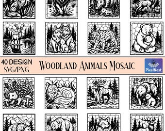 Woodland Animals Mosaic SVG Bundle, Stained Glass Forest Animal Designs, Bear Wolf Deer Fox Moose PNG for Cricut Silhouette, Wildlife Png