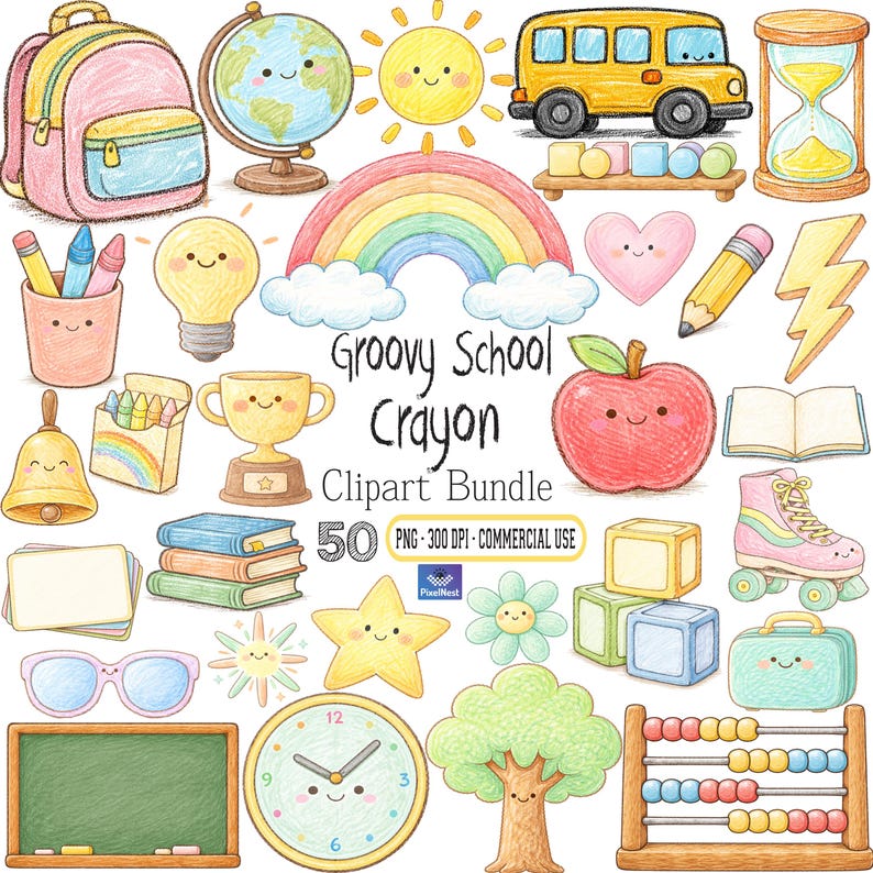 May include: A collection of colorful, hand-drawn school-themed clip art. Includes a yellow school bus, a rainbow, a globe, a backpack, an apple, a clock, and the text "Groovy School Crayon Clipart Bundle".