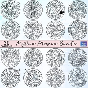 May include: Sixteen circular black and white illustrations of mythical creatures and symbols, including a dragon, serpent, centaur, lion, fairy, mermaid, and wizard. The text "Mythic Mosaic Bundle" is displayed in the centre.