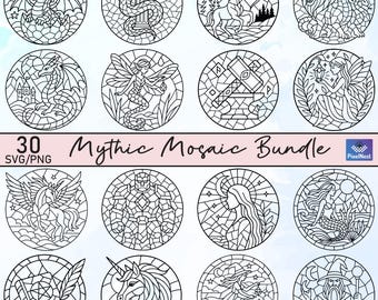 Mythic Mosaic SVG Bundle, Fantasy Creatures Clipart, Wizard Mosaic Mandala PNG Designs, Stained Glass Style Line Art, mythical Mosaic PNG