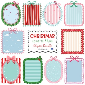 May include: A collection of colorful Christmas-themed frames in various shapes, including squares and ovals. Each frame features unique patterns like stripes, polka dots, and scalloped edges, adorned with bows. The text "CHRISTMAS COQUETTE FRAME Clipart Bundle" is also visible.