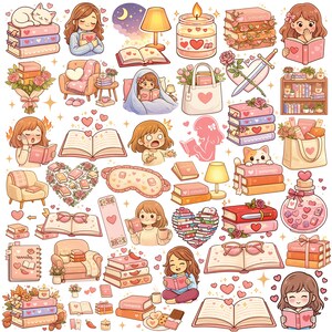 Puede incluir: Una colecci&oacute;n de ilustraciones lindas con libros, corazones y elementos tem&aacute;ticos de lectura. Las im&aacute;genes incluyen pilas de libros, chicas leyendo, un gato sobre libros, una vela y un frasco de perfume decorativo. La paleta de colores es rosa suave, melocot&oacute;n y blanco.