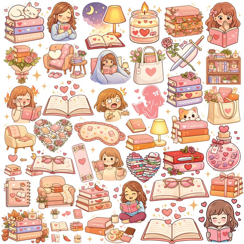 Puede incluir: Una colecci&oacute;n de ilustraciones lindas con libros, corazones y elementos tem&aacute;ticos de lectura. Las im&aacute;genes incluyen pilas de libros, chicas leyendo, un gato sobre libros, una vela y un frasco de perfume decorativo. La paleta de colores es rosa suave, melocot&oacute;n y blanco.