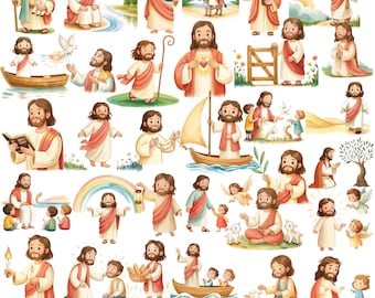 Jesus Watercolor Clipart Bundle, Bible Story Illustration, Jesus Christ Clipart, Faith Kids Ministry PNG, Christian Religious Watercolor PNG