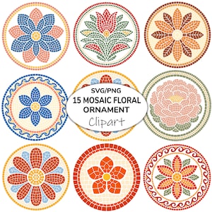 以下が含まれることがあります： 15個のモザイクフラワーオーナメントクリップアートのデザイン。各円形デザインは、青、オレンジ、赤、ピンクなど、さまざまな色で異なる花のパターンを特徴としています。デザインはクリーム色の背景に設定されています。