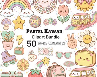 Pastel Kawaii Clipart Bundle, Cute Kawaii Pastel PNG, Pastel Stickers, Chibi Animals & Food(Digital Download PNG)