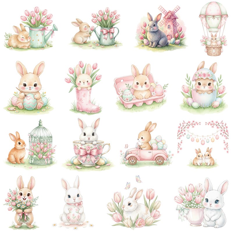 Pink Watercolor Easter Clipart Bundle, Cute Pastel Easter PNG, Spring ...