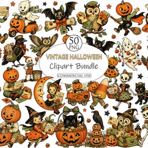 Peut inclure: Une collection numérique de 50 illustrations vintage d'Halloween avec des squelettes, des fantômes, des hiboux, des chats noirs et des citrouilles. Le texte central indique Vintage Halloween Clipart Bundle, 50 PNG et Commercial Use.
