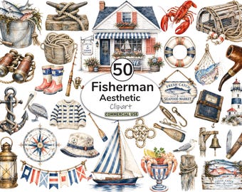 Puede incluir: Una colección de 50 ilustraciones de temática náutica que incluye una casa, velero, faro, ancla, langosta, pescado, equipo de pesca, nudos de cuerda, brújula, linterna, cubo, salvavidas y un letrero que dice Fresh Catch Seafood Market.