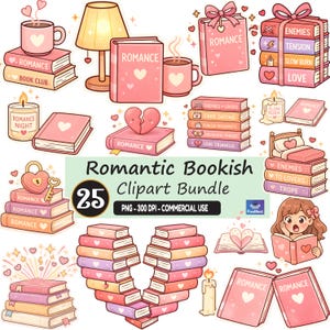 Può includere: Una collezione di illustrazioni clipart a tema romantico. L'immagine presenta pile di libri, tazze, candele e una lampada, il tutto in una morbida tavolozza di colori rosa. La parola "ROMANCE" è visibile su diverse copertine di libri. Il pacchetto include 25 illustrazioni.