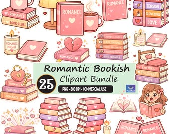 Paquete de imágenes prediseñadas de libros románticos, PNG de libros de San Valentín, pegatinas de libros de San Valentín, PNG de lectura acogedora, PNG de libros románticos para uso comercial