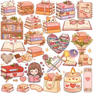 Puede incluir: Una colecci&oacute;n de ilustraciones con libros, corazones y temas rom&aacute;nticos. Las im&aacute;genes incluyen pilas de libros, libros abiertos, una estanter&iacute;a, una disposici&oacute;n de libros en forma de coraz&oacute;n y una vela. La paleta de colores es suave, con rosas, rojos y naranjas.