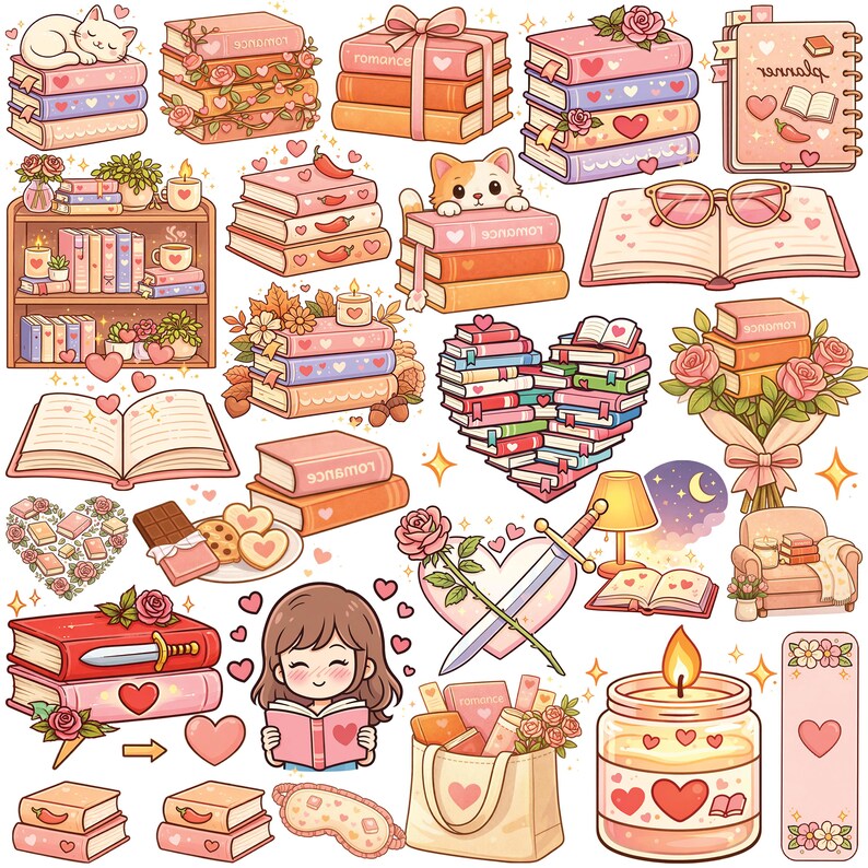 Puede incluir: Una colecci&oacute;n de ilustraciones con libros, corazones y temas rom&aacute;nticos. Las im&aacute;genes incluyen pilas de libros, libros abiertos, una estanter&iacute;a, una disposici&oacute;n de libros en forma de coraz&oacute;n y una vela. La paleta de colores es suave, con rosas, rojos y naranjas.