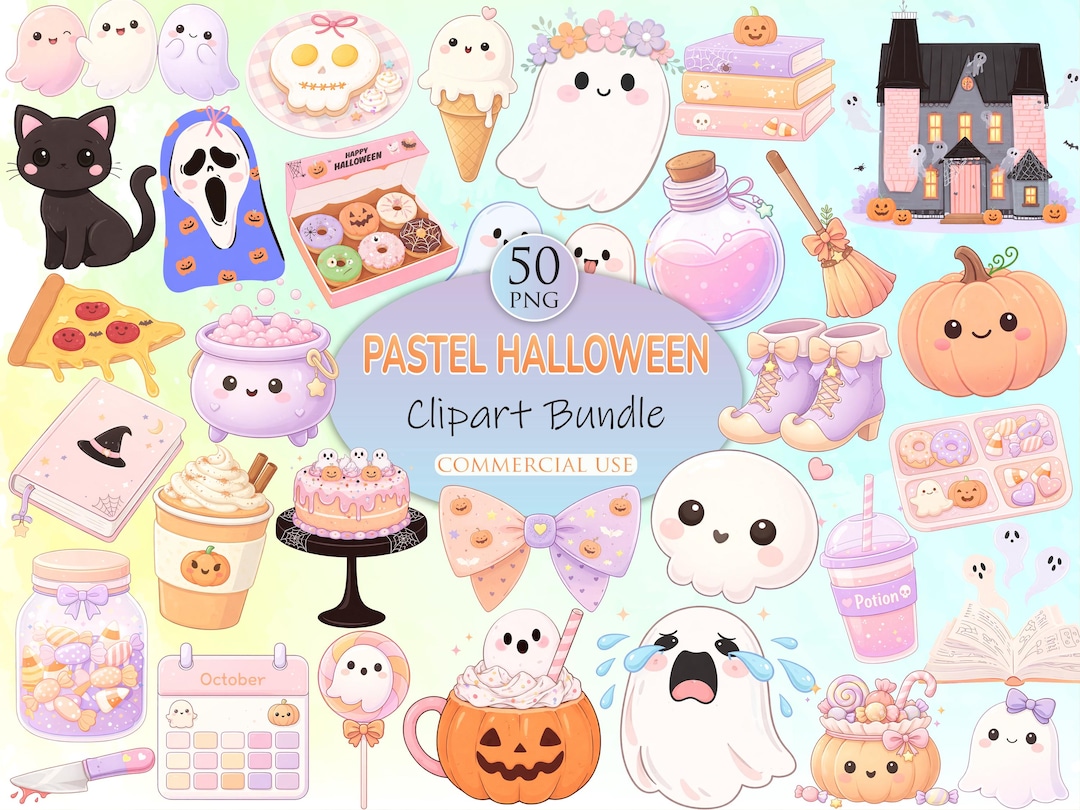 Pastel Halloween Clipart Bundle, Cute Spooky Kawaii Halloween Png ...