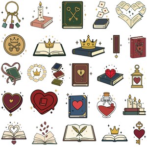 May include: A collection of whimsical illustrations featuring books, keys, crowns, hearts, and candles. The designs include open books, a heart-shaped potion bottle, and a heart-shaped wax seal, all with a vintage aesthetic.