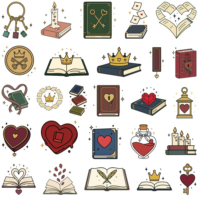 May include: A collection of whimsical illustrations featuring books, keys, crowns, hearts, and candles. The designs include open books, a heart-shaped potion bottle, and a heart-shaped wax seal, all with a vintage aesthetic.