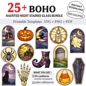 Könnte beinhalten: Eine Sammlung von Glasmalereidesigns mit Halloween-Thema. Enthält einen Kürbis, eine Hexe, ein Spukhaus, eine Spinne und andere gruselige Elemente. Der Text lautet "25+ BOHO HAUNTED NIGHT STAINED GLASS BUNDLE".