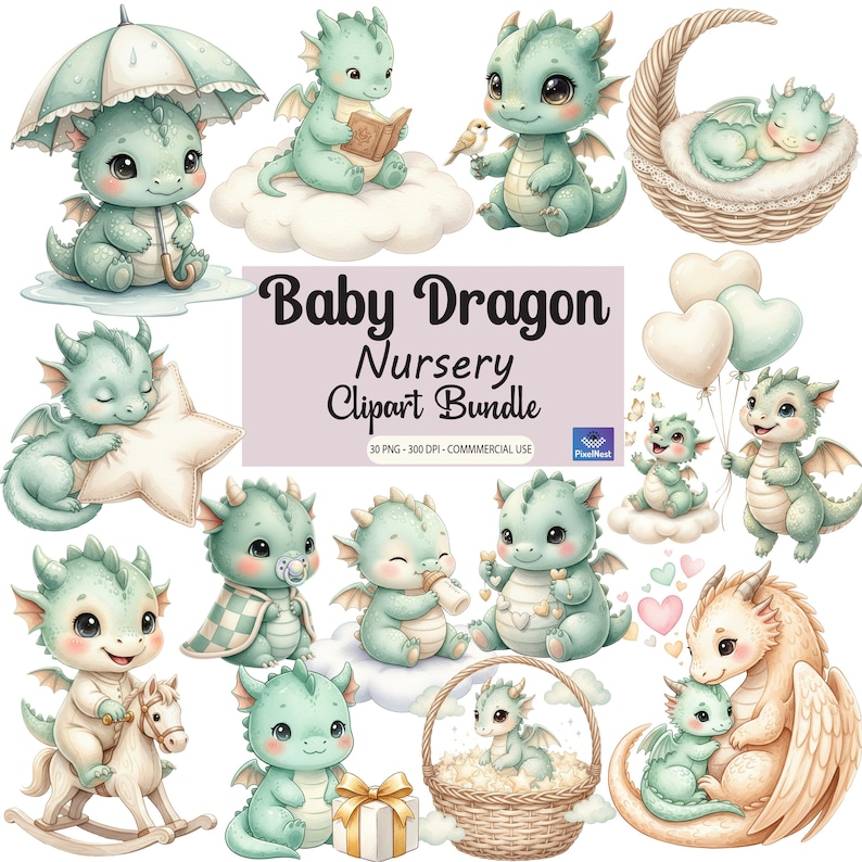 Baby Dragon Nursery Clipart Bundle, Cute Dragon Baby PNG, Pastel ...