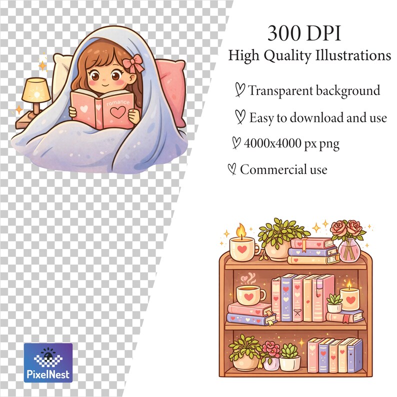 Puede incluir: Ilustraci&oacute;n digital de una ni&ntilde;a leyendo un libro titulado "Romance" bajo una manta, con una l&aacute;mpara de noche. La imagen tambi&eacute;n incluye una estanter&iacute;a con libros, plantas, velas y una taza de caf&eacute;. El texto dice "300 DPI High Quality Illustrations".