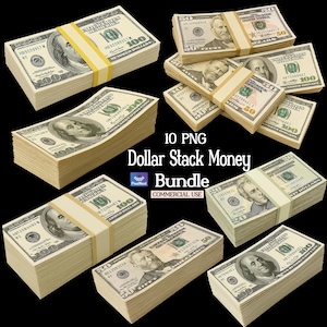 May include: Stacks of US dollar bills, including $100, $50, and $20 denominations, are bundled together. The image includes text that reads "10 PNG Dollar Stack Money Bundle COMMERCIAL USE."