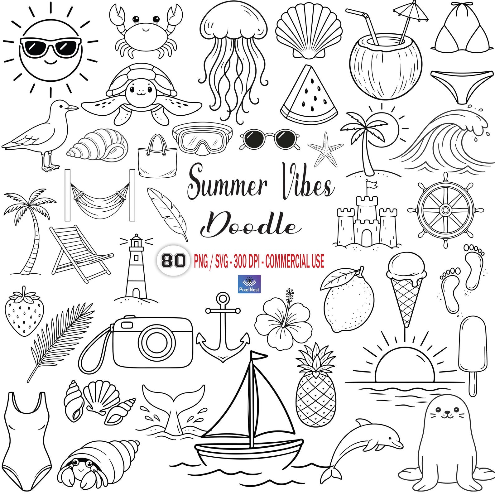 Summer Vibes Doodle SVG Bundle, Beach Summer Icons Line Art Clipart ...