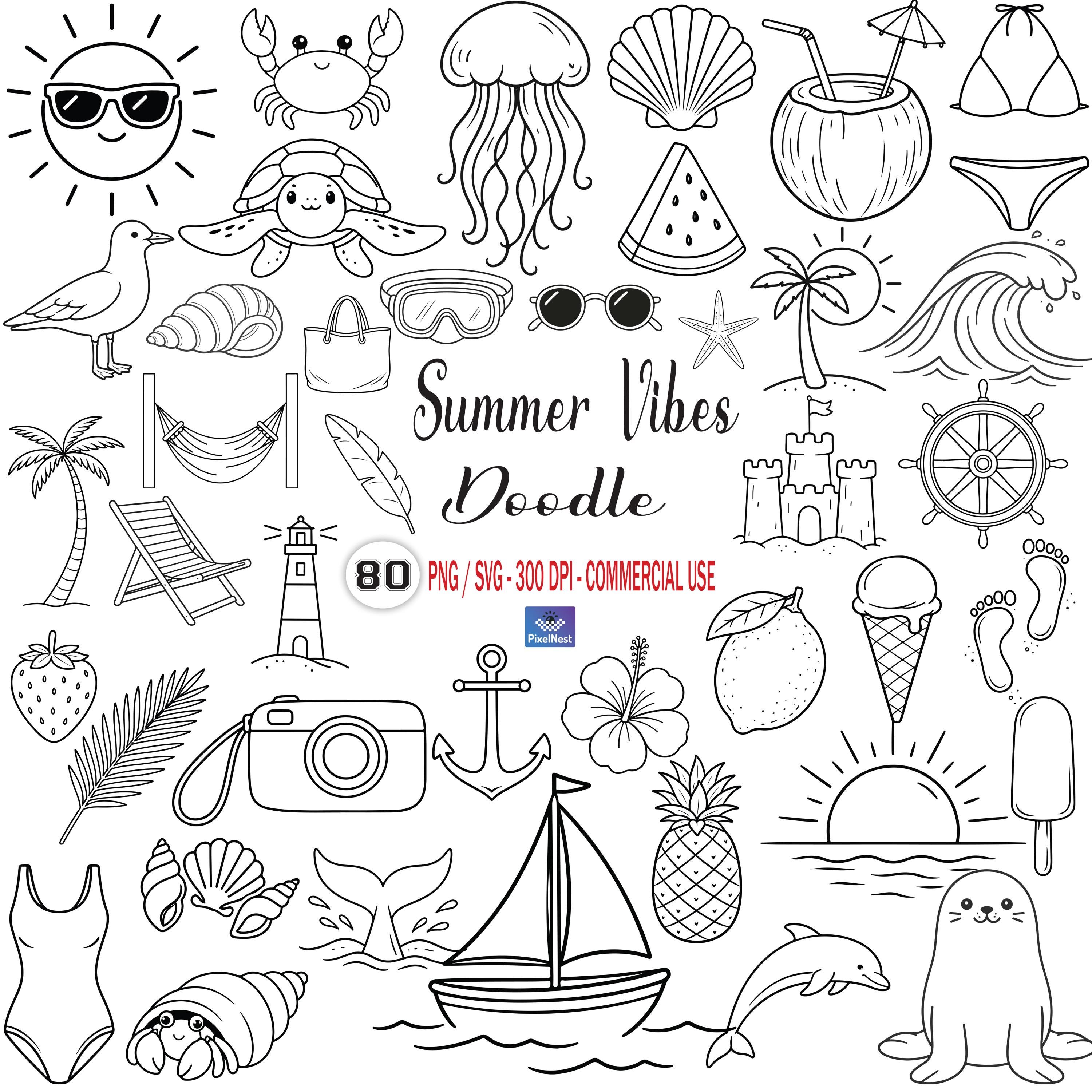 Summer Vibes Doodle SVG Bundle, Beach Summer Icons Line Art Clipart ...