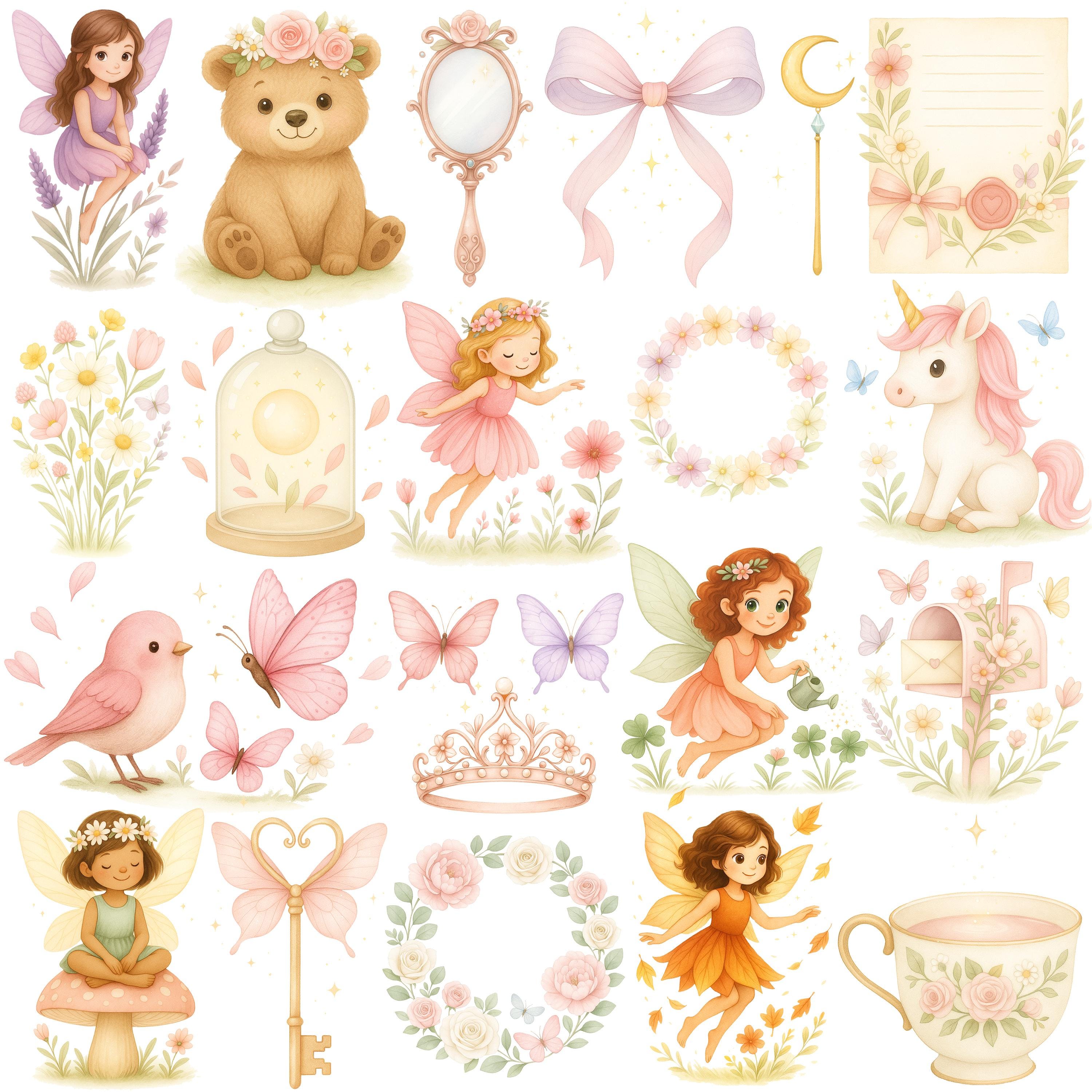 Fairy Garden Watercolor Clipart Bundle, Cute Fairy PNG, Whimsical ...