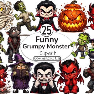 Paquete de imágenes prediseñadas de monstruos gruñones divertidos, monstruo enojado de Halloween en formato PNG, personajes espeluznantes de vampiro, zombi y diablo para sublimación y uso comercial.