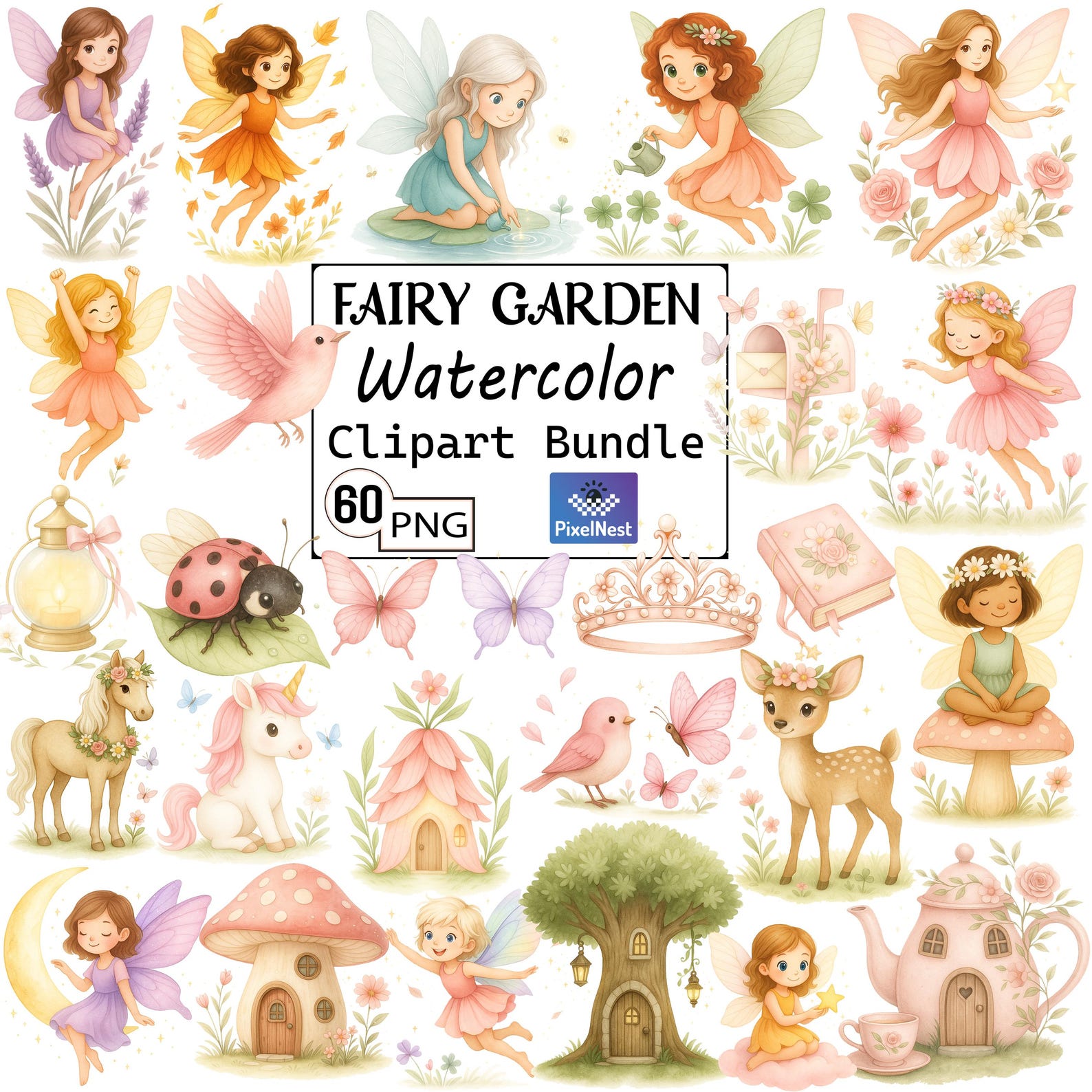 Fairy Garden Watercolor Clipart Bundle, Cute Fairy PNG, Whimsical ...