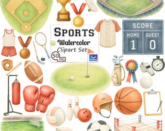 Paquete de imágenes prediseñadas de deportes en acuarela, equipo atlético PNG, ilustración deportiva infantil, conjunto de imágenes prediseñadas de juegos de equipo, arte deportivo en acuarela, fútbol PNG