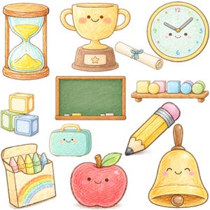 May include: A collection of colorful, hand-drawn school-themed illustrations. Includes an hourglass, trophy, clock, diploma, chalkboard, blocks, pencil, bell, crayons, lunchbox, and a red apple. All items have smiling faces.