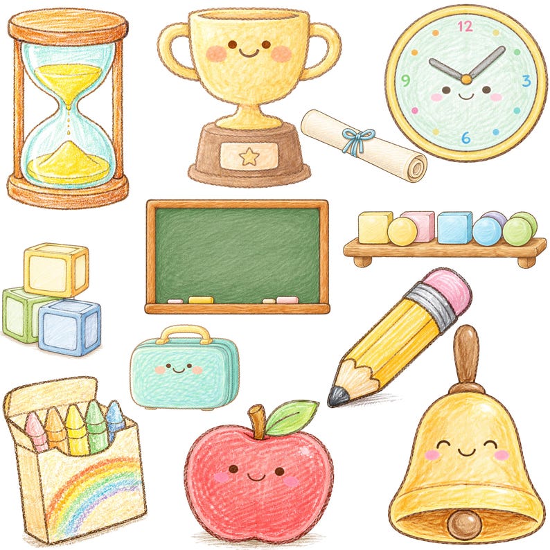 May include: A collection of colorful, hand-drawn school-themed illustrations. Includes an hourglass, trophy, clock, diploma, chalkboard, blocks, pencil, bell, crayons, lunchbox, and a red apple. All items have smiling faces.