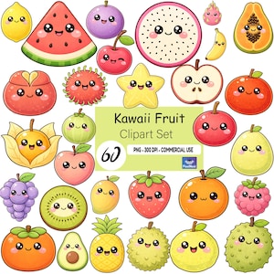 Op de afbeelding: Een verzameling van 60 kawaii fruit clipart illustraties. De afbeelding toont een verscheidenheid aan fruit, waaronder een watermeloen, drakenfruit, appel en aardbei, elk met een schattig, lachend gezicht. De tekst "Kawaii Fruit Clipart Set" is ook opgenomen.