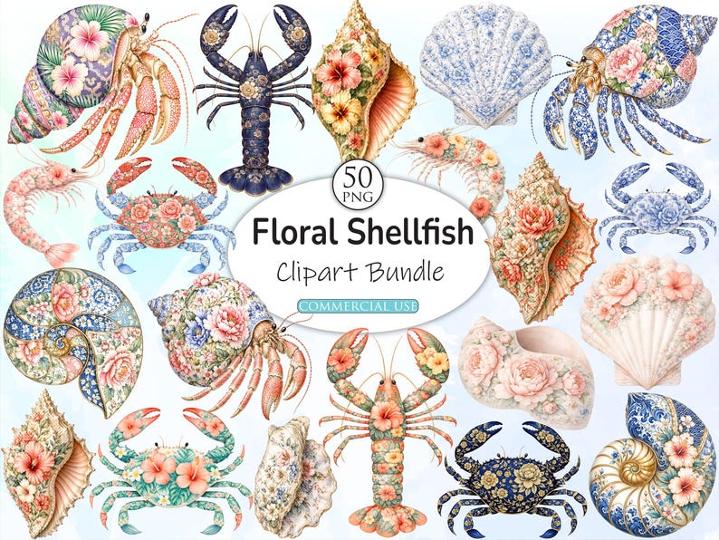 Chinoiserie Floral Shellfish PNG Bundle, Coastal Seashell Crab Lobster ...