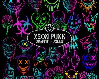 Pacchetto PNG di graffiti punk al neon, clipart di street art cyberpunk, teschio, grunge, file digitale di graffiti gocciolanti, disegni grafici di graffiti retrò in formato PNG