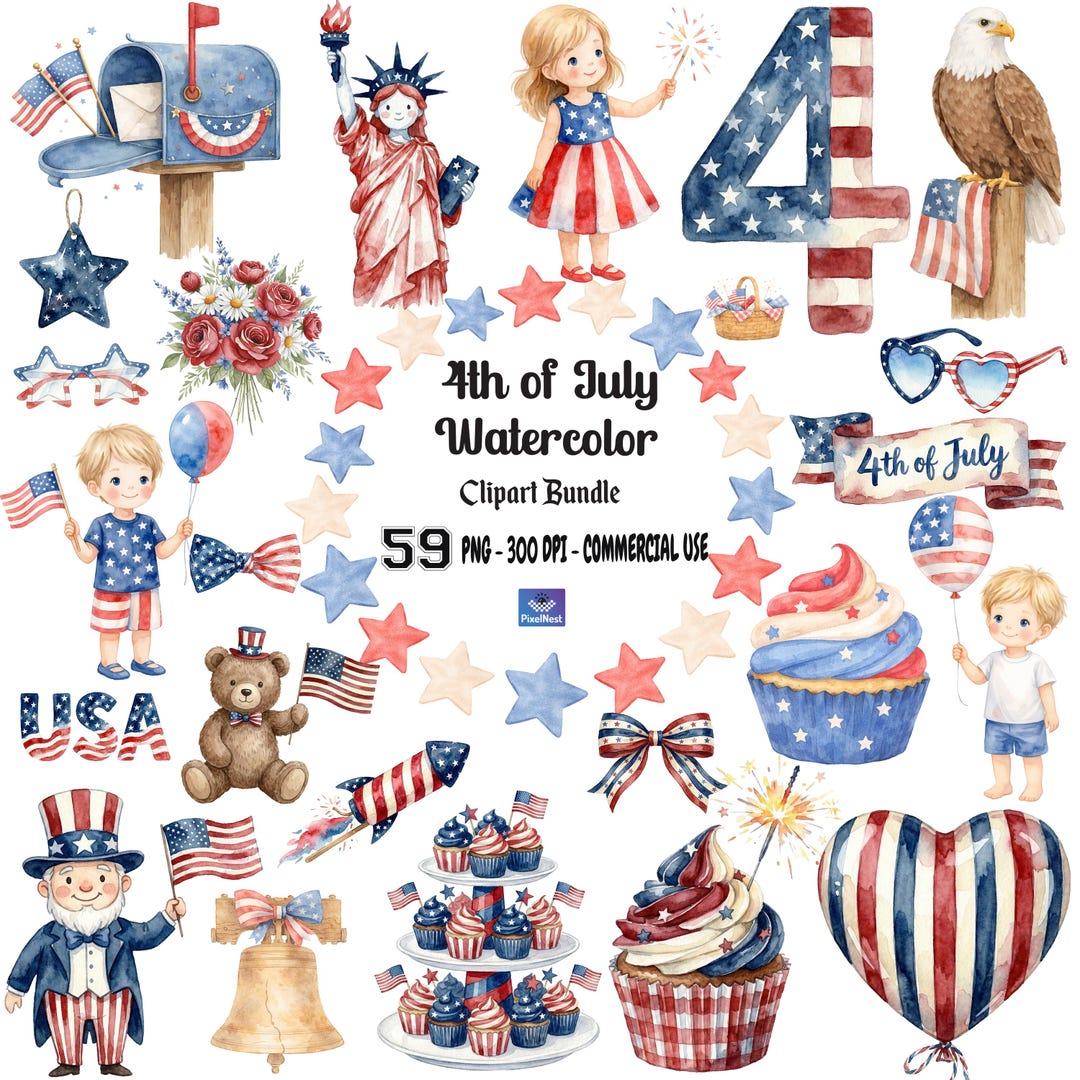 Watercolor 4th of July Clipart Bundle, Memorial Day Decor Printable ...