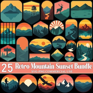 May include: A collection of 25 retro mountain sunset designs in various shapes. Each design features a mountain landscape with a sunset in shades of orange, yellow, and teal. The text "25 Retro Mountain Sunset Bundle" is displayed.