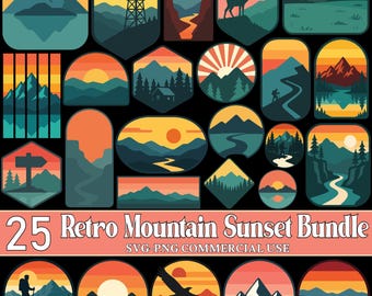 May include: A collection of 25 retro mountain sunset designs in various shapes. Each design features a mountain landscape with a sunset in shades of orange, yellow, and teal. The text "25 Retro Mountain Sunset Bundle" is displayed.