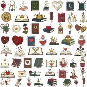 May include: A collection of whimsical illustrations featuring books, keys, hearts, crowns, candles, and potion bottles. The designs are in a vintage style with a color palette of red, gold, and blue, perfect for a fantasy or magical theme.