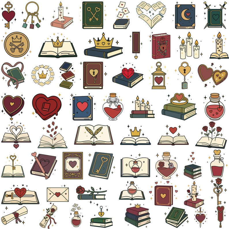 May include: A collection of whimsical illustrations featuring books, keys, hearts, crowns, candles, and potion bottles. The designs are in a vintage style with a color palette of red, gold, and blue, perfect for a fantasy or magical theme.