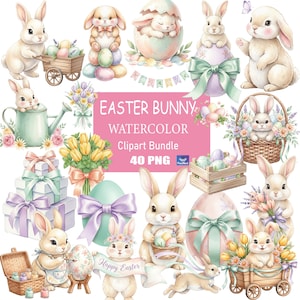 May include: Watercolor clipart bundle featuring Easter bunnies, eggs, flowers, and gifts. The image includes bunnies with baskets, in eggs, and pulling carts. The text on the image says "Easter Bunny Watercolor Clipart Bundle 40 PNG". Pastel colors are used throughout the image.