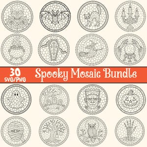 May include: A digital collection of 30 circular black and white line art designs featuring spooky themes like skulls, bats, cats, ghosts, and pumpkins in a stained glass mosaic style. The text 30 SVG/PNG Spooky Mosaic Bundle is displayed.